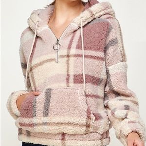 Reflex Sherpa Hoodie in Pink and Cream Plaid